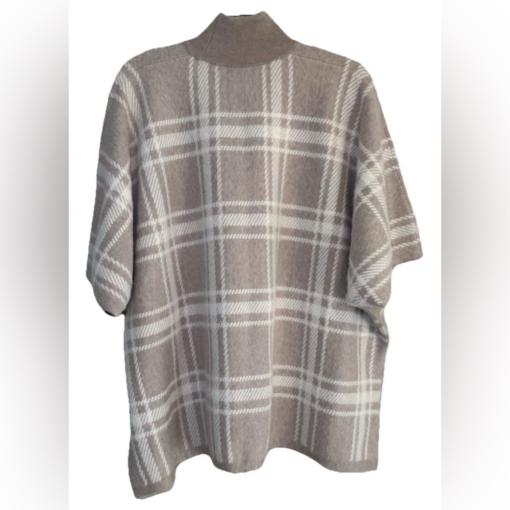 Rachel Zoe Tan White Plaid Heavy Turtleneck Sweater Poncho One Size Super Soft - Picture 2 of 6